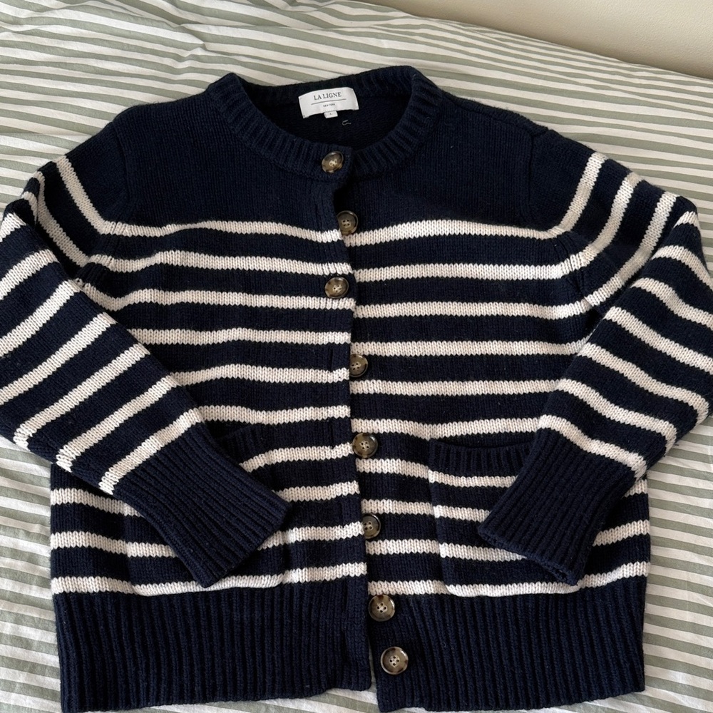 La Ligne Marin Navy and White Striped Crewneck Cardigan
